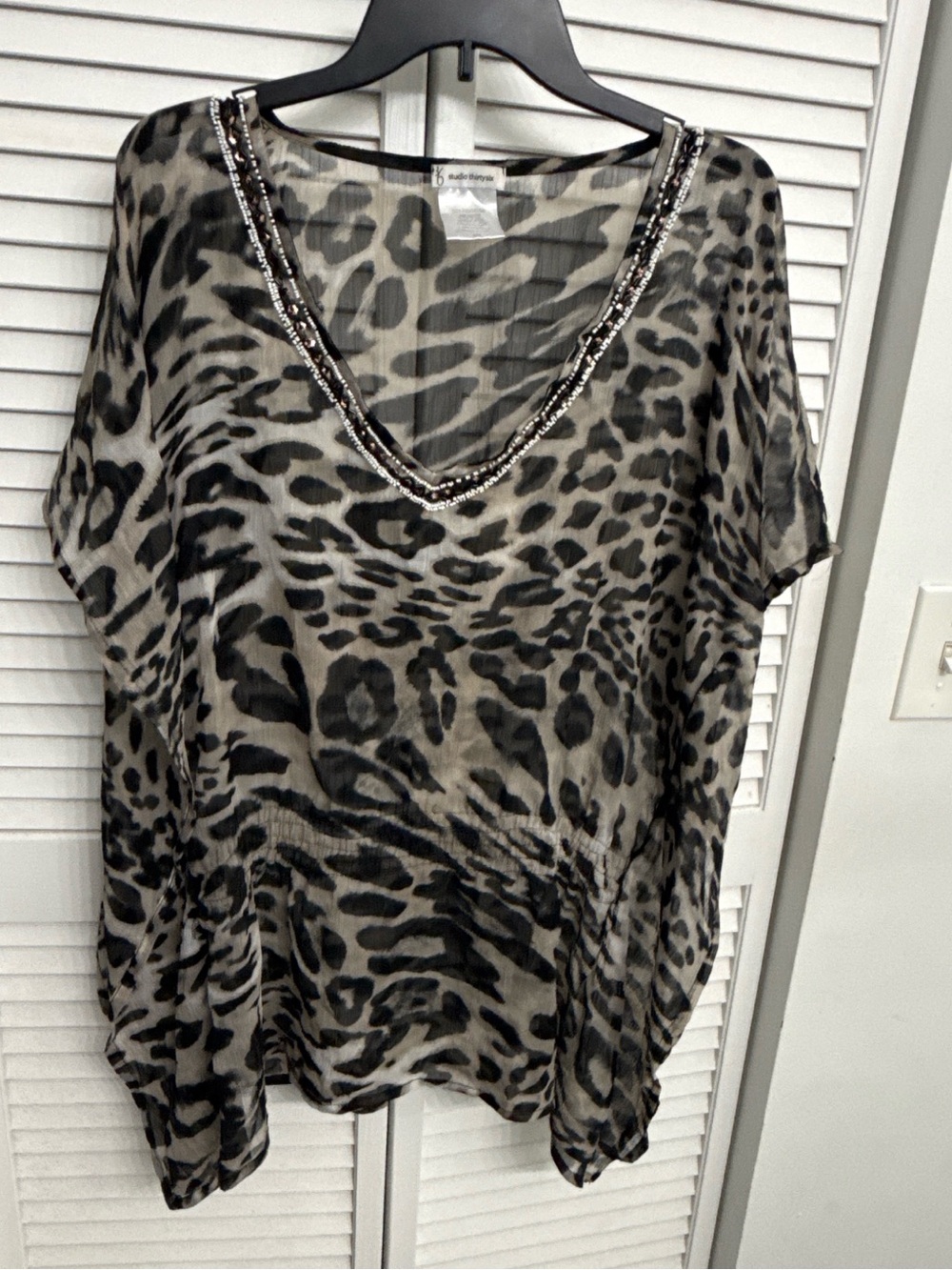 Animal Print V-Neck Blouse with Beaded Trim - Gray/Black